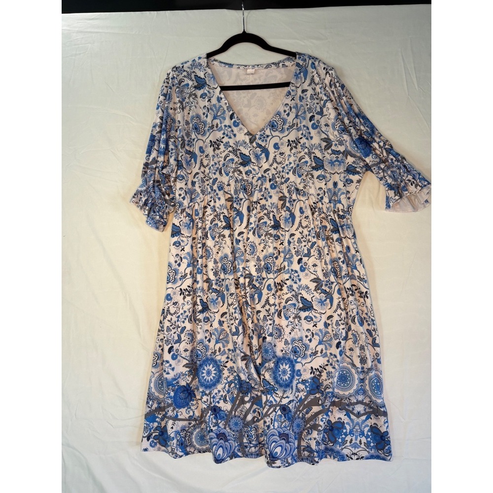 Pink Daisy womens blue & white floral 3/4 sleeve dress‎ Sz 3x cottage core comfy
